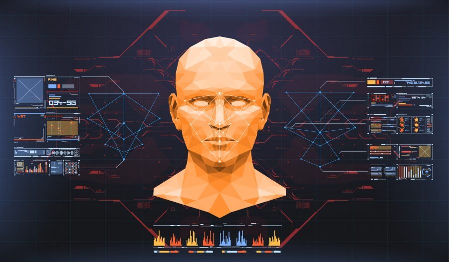 Concept of face scanning. Accurate facial recognition biometric technology and artificial intelligence concept. Face detection HUD interface. beneficios del reconocimiento facial