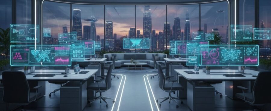 Tecnología RRHH: Optimiza Gestión y Bienestar Digital 3 Oficina futurista con tecnología implementada