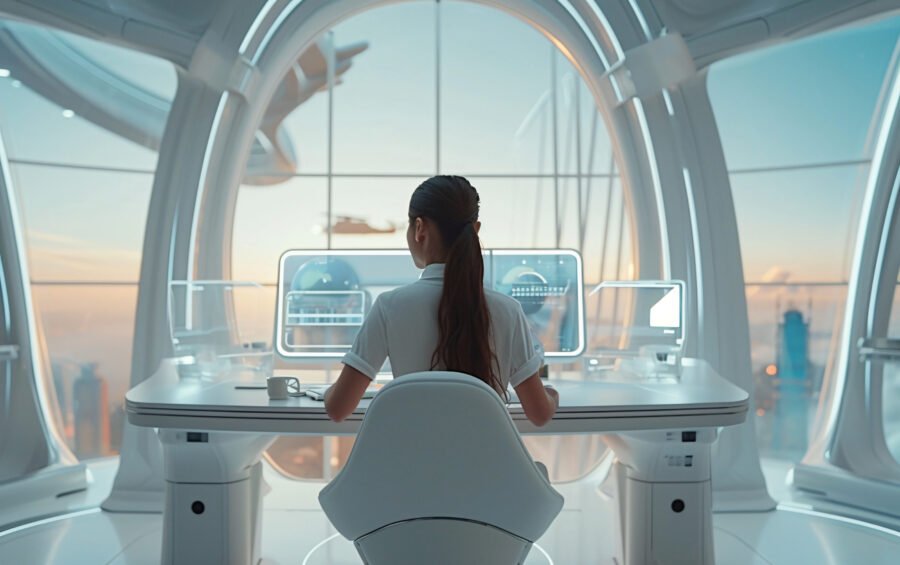 Tecnología y normativa. Chica en su escritorio trabajando