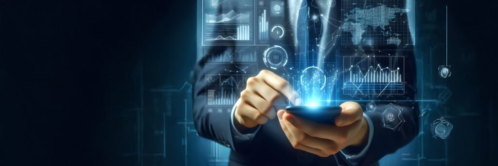 business man interacting with futuristic technology interface