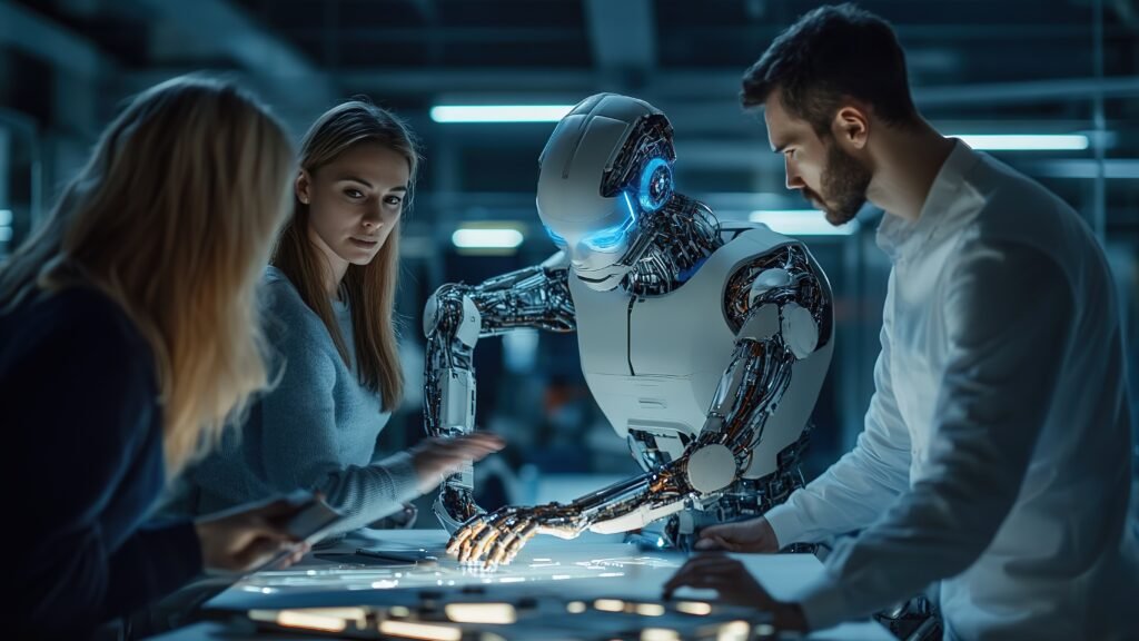 collaborative innovation technology lab with humanlike robot engaged engineers evening discussion