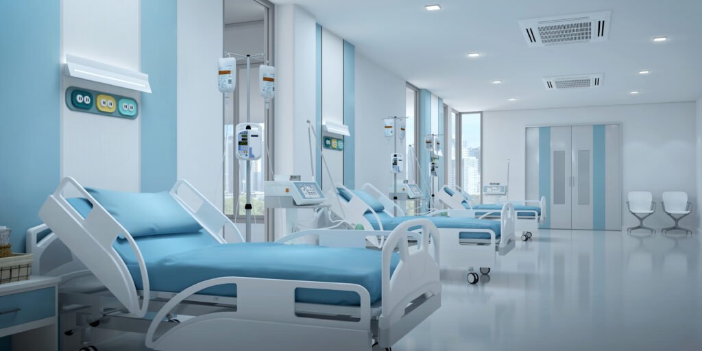 hospital bed recovery room with copy space3d rendering