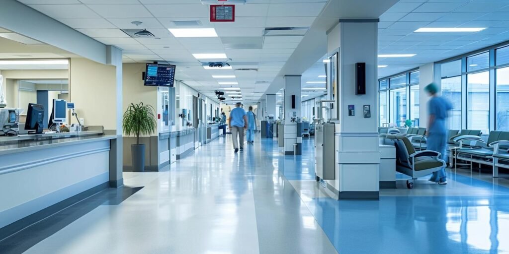 hospital hallway with people walking down it