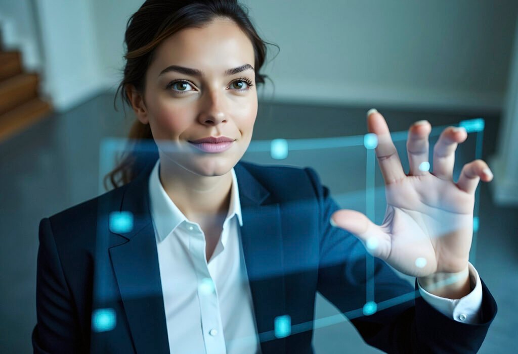 Mujer creando una planeación estratégica del personal en una pantalla didactica futurista