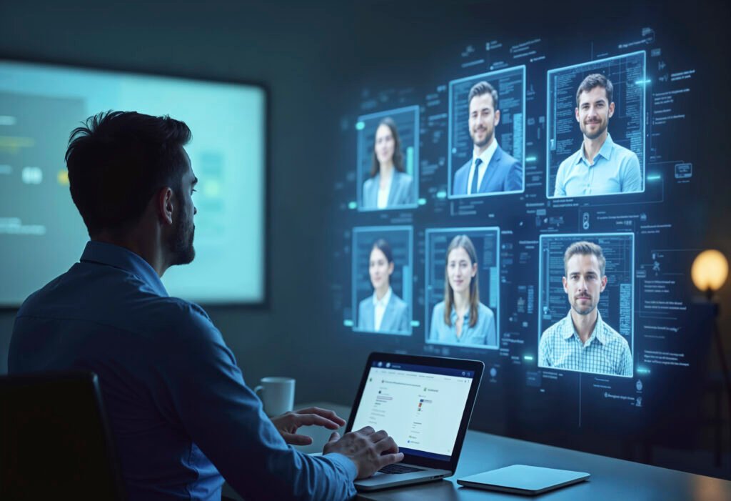 hombre en su laptop checando perfiles, que se visualizan en en una pantalla flotante futurista, para una planeación estratégica del personal