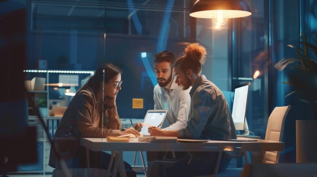 Una chica y dos chicos de RH automatizando workflows para sus tareas administrativas